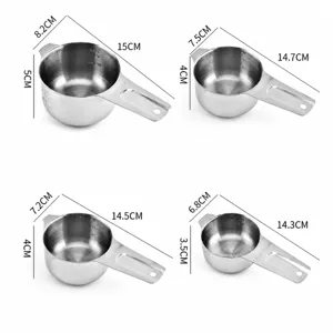 Stainless steel measuring cups set with clear capacity marks and size dimensions for baking.