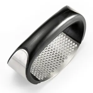 Stainless steel garlic press with ergonomic black plastic handle for easy kitchen cooking.