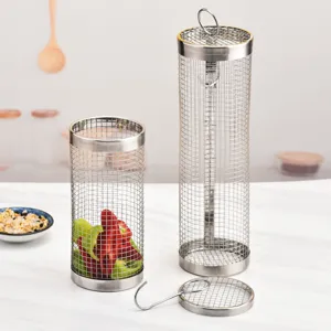 Stainless steel rolling grill basket, cylindrical BBQ mesh tool for outdoor camping cooking.