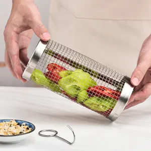 Stainless steel rolling grill basket for outdoor BBQ cooking, mesh cylinder tool.