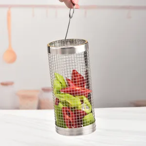 Stainless steel rolling grill basket for outdoor BBQ, durable mesh cylinder cooking tool.