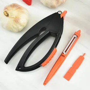 Multi-functional plastic garlic press and peeler set for home kitchen cooking and food prep.