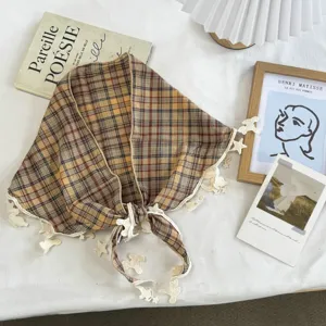 Karomuster Dreiecktuch fuer Damen Sommer stilvoll Vintage Spitzenbesatz Halstuch vielseitig