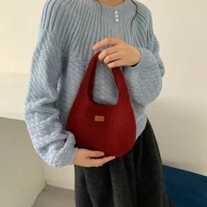 Chic Korean style knitted handbag in deep red, soft fuzzy texture for autumn and winter daily commute.