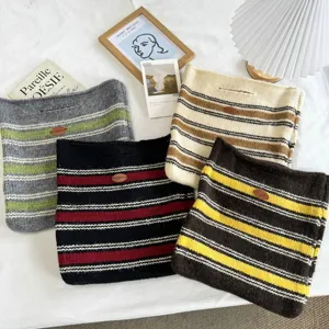Sac Cabas Rayé Crocheté à la Main pour Femmes Minimaliste Urbain en Laine Tricotée Sac de Navettage Style Décontracté