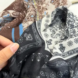 Retro printed silk scarf featuring classic paisley and geometric patterns for women's daily wear.