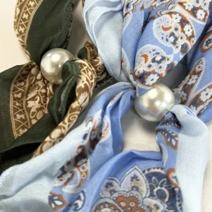 Retro paisley print small silk scarf with elegant pearl ring buckle accessory for women.