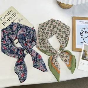 Vintage print scarf detail, stylish square neckerchief with pearl ring accessory.