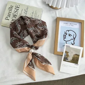 Retro brown paisley silk scarf with pearl buckle, versatile summer neckerchief and hair accessory.