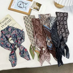 Vintage Printed Polyester Silk Scarf With Artificial Pearl Buckle Elegant Geometric Paisley Neckerchief For Women Everyday Accessories