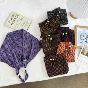Vintage Ethnic Pleated Triangle Scarf For Women Polyester Beaded Tassel Multi Functional Bandana Summer Headwrap Hair Accessory