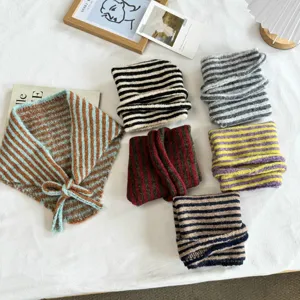 Women Striped Knitted Triangle Scarf Autumn Winter Versatile Shawl Neck Warmer Student Headwrap Fashion Knitted Scarf