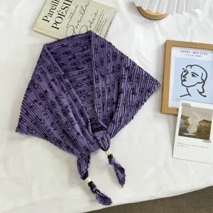 Retro pleated triangular headscarf for women, stylish purple textured summer hair accessory.