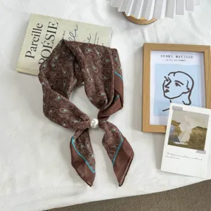 Retro brown paisley silk scarf with pearl buckle, versatile summer neck and hair accessory.