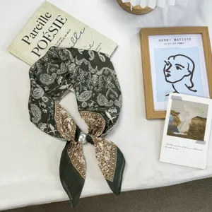 Green paisley silk scarf neckerchief for women with elegant pearl ring decoration versatile fashion