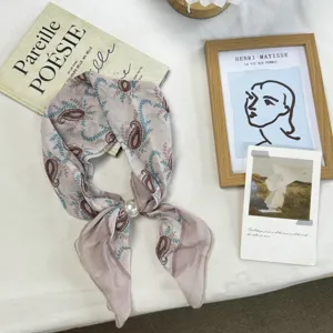 Japanese literary pink retro paisley patterned small silk scarf with pearl bead detail.