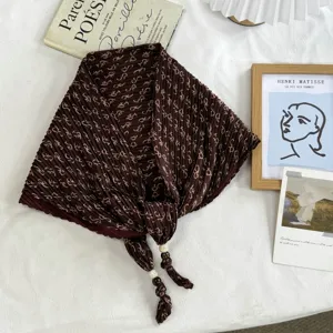Retro ethnic style textured triangular scarf, elegant brown headscarf with pearls for women.