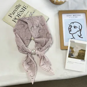 Pink paisley print small silk scarf with pearl buckle retro literary women neck wrap accessory