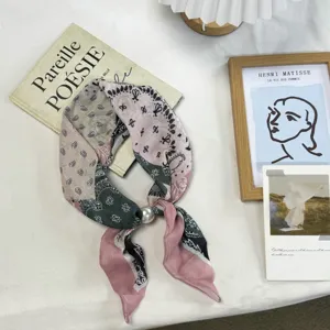 Vintage pink paisley small silk scarf with pearl ring, versatile chic neckerchief for women.