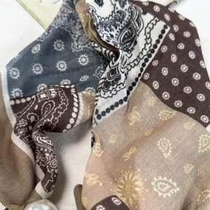 Forest style patchwork paisley silk scarf with pearl decoration for women daily wear.