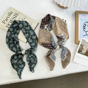 Paisley print silk scarf with elegant pearl ring, versatile decorative neck tie and chic headband.