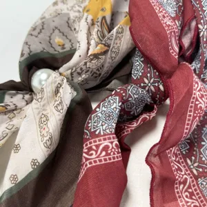Chic retro printed silk scarf with pearl buckle elegant neck ribbon for women daily commute wear