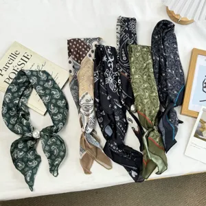 Women Vintage Paisley Printed Satin Scarf Elegant Silk Feeling Neck Scarf With Artificial Pearl Ring Headband Hair Band Ribbon For Shirt Decor