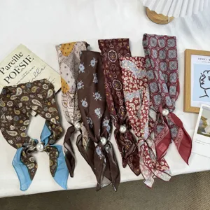 Retro Printed Small Square Scarf With Artificial Pearl Buckle Red Color Blocked Polyester Silk Feel Neck Scarf Streamer For Women
