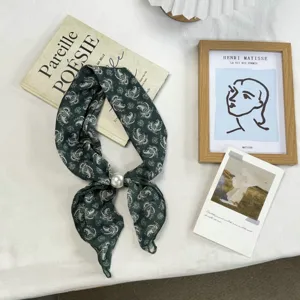 Forest style paisley silk scarf with pearl buckle, elegant neckerchief for women's daily wear.