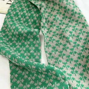 Green and beige knitted scarf for women, vintage pattern winter muffler, soft cozy neckerchief.