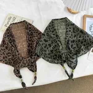 Women Leopard Print Triangle Scarf Thin Sun Protection Shawl With Beads Tassel Polyester Satin Scarf For Summer Air Conditioned Room