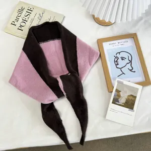 Color-block knitted triangle scarf with chic contrast design, stylish and warm neck warmer.