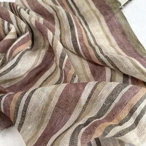 Close-up detail of retro striped linen square scarf, lightweight breathable neckerchief accessory.
