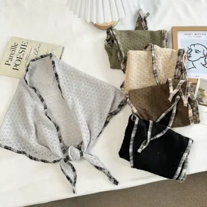 Pañuelo Triangular de Tejido Calado Vintage para Mujer Transpirable Cuadros Patchwork Pañuelo de Cabeza Diadema Versátil Accesorios