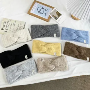 Vintage Cross Knit Wool Headband For Women Wide Brim Soft Warm Windproof Winter Headwear Polyester Knitted Hair Band Forehead Protector