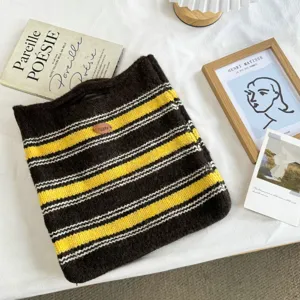 Sac à main en tricot rayé chic pour femme, cabas décontracté automne hiver doux et chaud.
