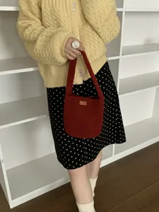 Korean INS style dark red felt bucket bag for women, retro autumn winter shoulder bag versatile chic handbag.