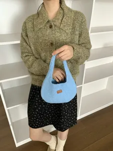 Korean style fluffy knit handbag, cozy fuzzy tote bag for daily commute and autumn winter style.