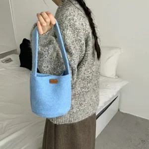 Korean ins style blue felt bucket bag retro autumn winter versatile shoulder handbag for women