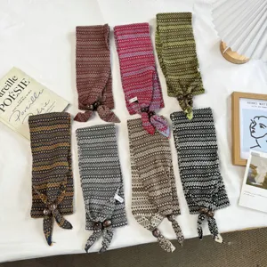 Bufanda Estrecha de Punto Fair Isle Vintage para Mujer Patrón Geométrico Bufanda Corbata con Cuentas de Madera Cuello Retro