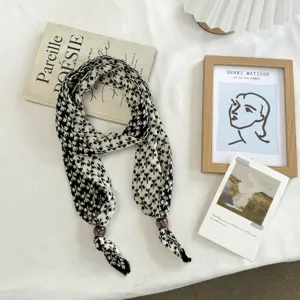 Black and white patterned knit scarf with wooden beads retro chic winter neckerchief detail