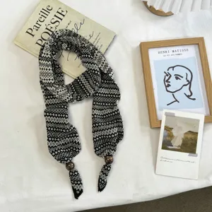 Bufanda estrecha de punto Fair Isle con cuentas de madera, elegante cuello de invierno.