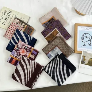 Japanese Vintage Style Polyester Square Scarf For Women Floral Striped Printed Neck Neckerchief Literary Versatile Decorative Hair Band Scarf Accessories