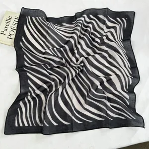 Black and white wavy stripe lightweight square scarf, retro artistic neckerchief accessory.