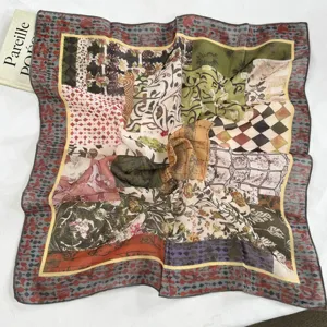 Vintage floral square silk scarf for women, lightweight neckerchief and stylish autumn accessory.