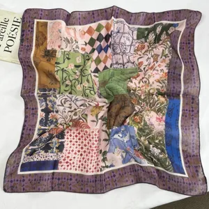 Close-up of the vintage patchwork floral square scarf, lightweight and elegant for neck wear.