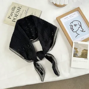 Knit lace trim triangular scarf detail, black hollow out small neckerchief for women.