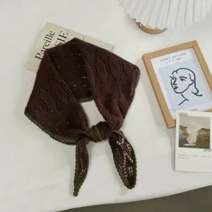 Korean retro hollow knit triangle scarf with contrast green edge, chic autumn neck wrap accessory