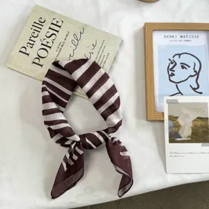 Vintage brown and white striped neckerchief, lightweight silk scarf for women stylish daily wear.