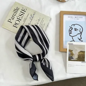 Black and white striped small square scarf, lightweight neck accessory for daily vintage fashion wear.